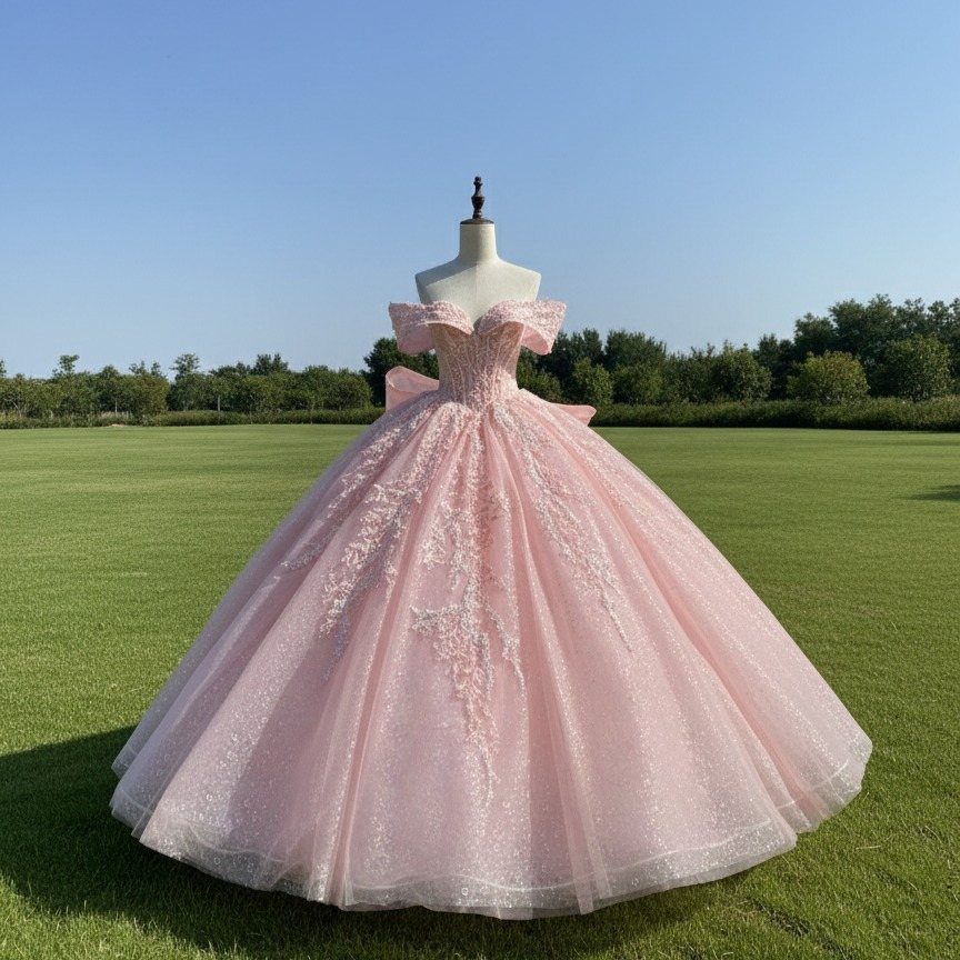 Voluminous light pink princess ball gown with lace embroidery on a mannequin outdoors.