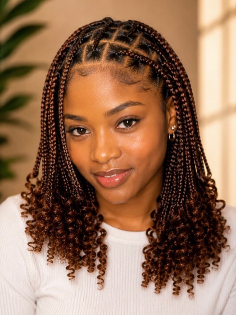 Woman with brown box braids ending in curls wearing a white shirt