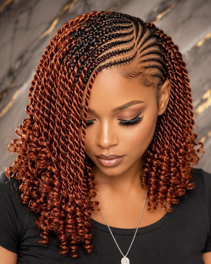 Woman with black cornrows and copper-colored twists and curls in a shoulder-length style.