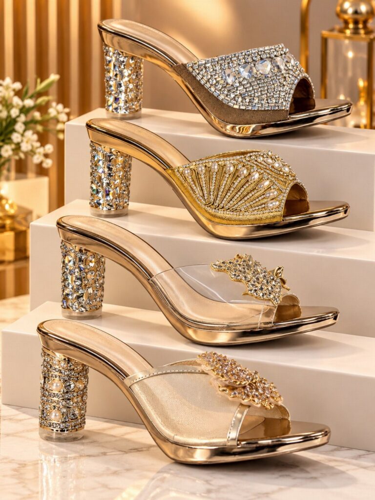 Four gold high-heeled sandals with sparkling crystal embellishments on white tiered displays.