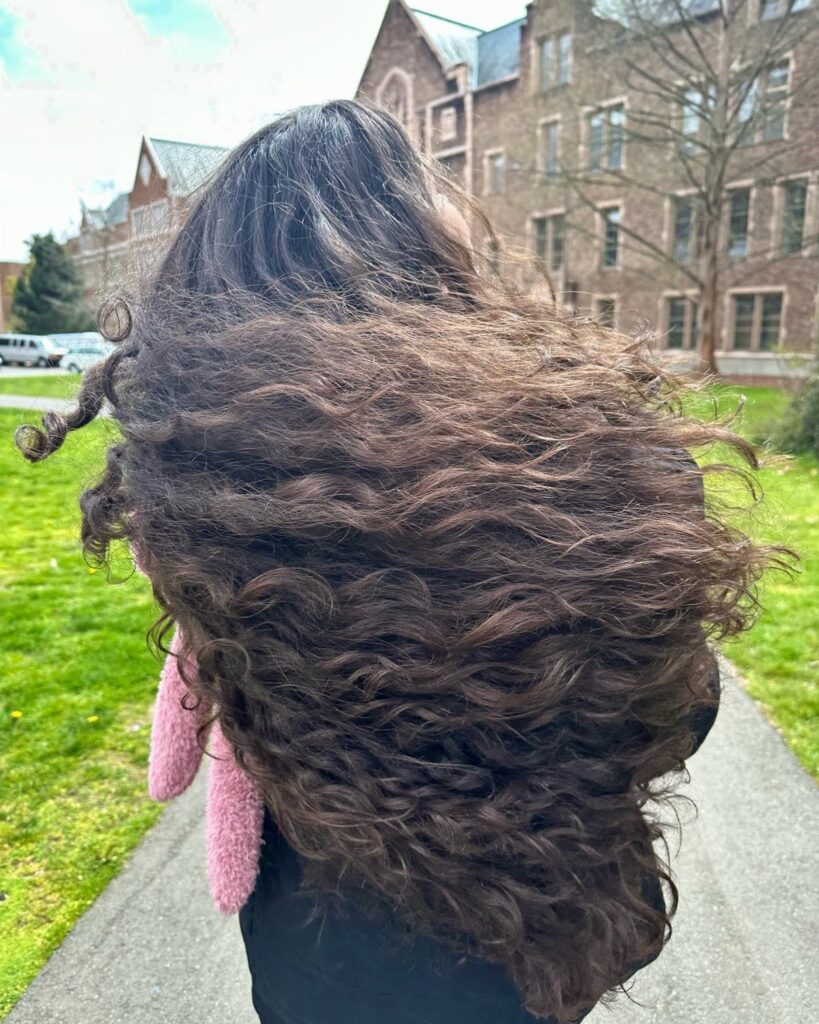Long dark brown curly and wavy hair seen from behind outdoors.