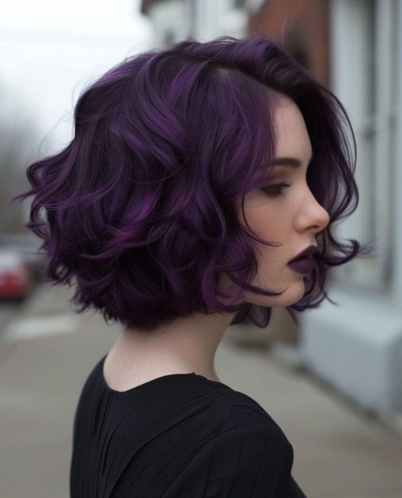 Woman with wavy dark violet hair and matching purple lipstick in profile view.