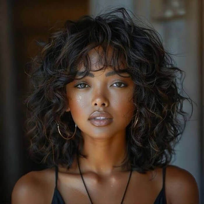 Woman with voluminous dark brown curly hair and face-framing curly curtain bangs.