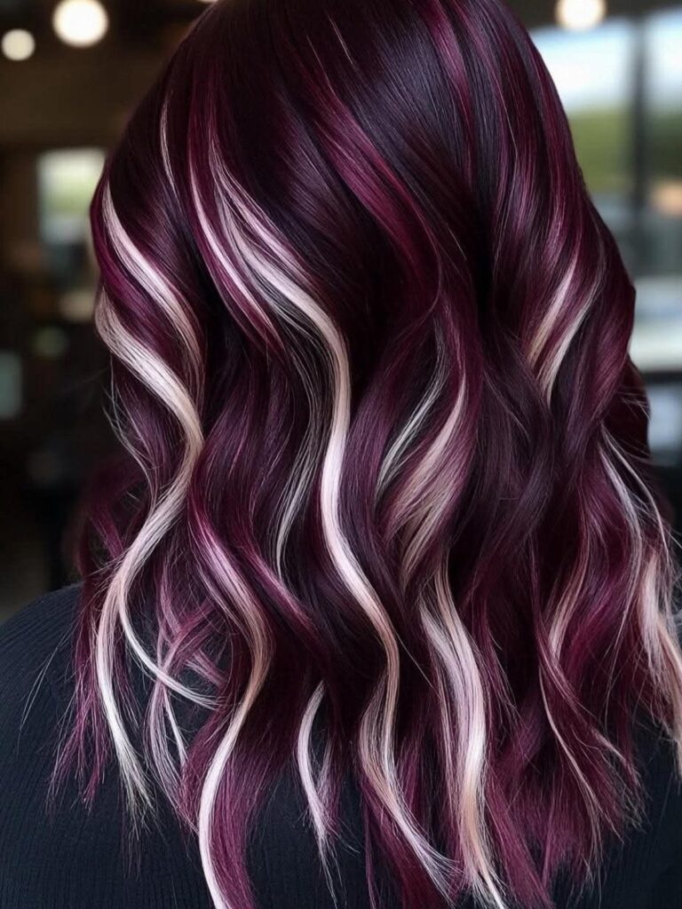Wavy burgundy and purple hair with bright pink and silver highlights from behind.
