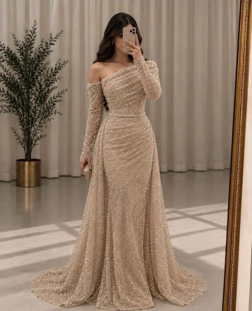 Woman in a shimmering gold sequin floor-length gown taking a mirror selfie.